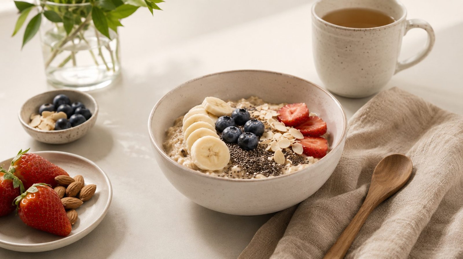 Healthy breakfast bowl with oats, banana, blueberries, and strawberries